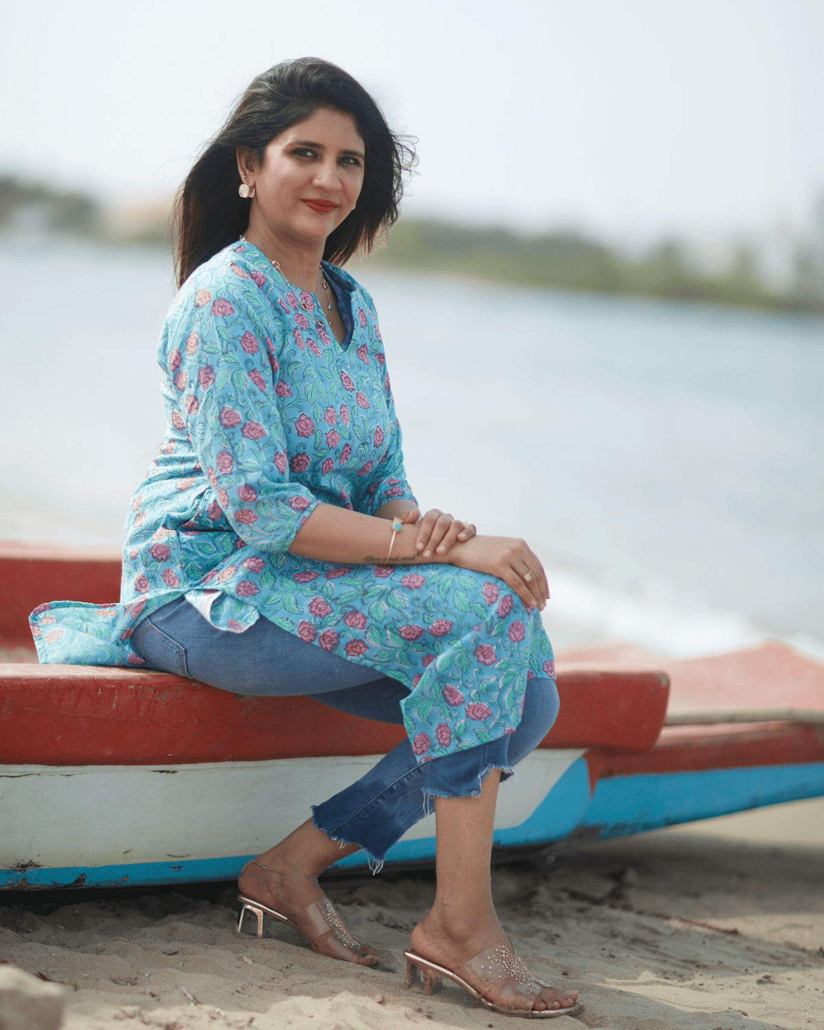 Blue Handblock Printed Floral Kurta