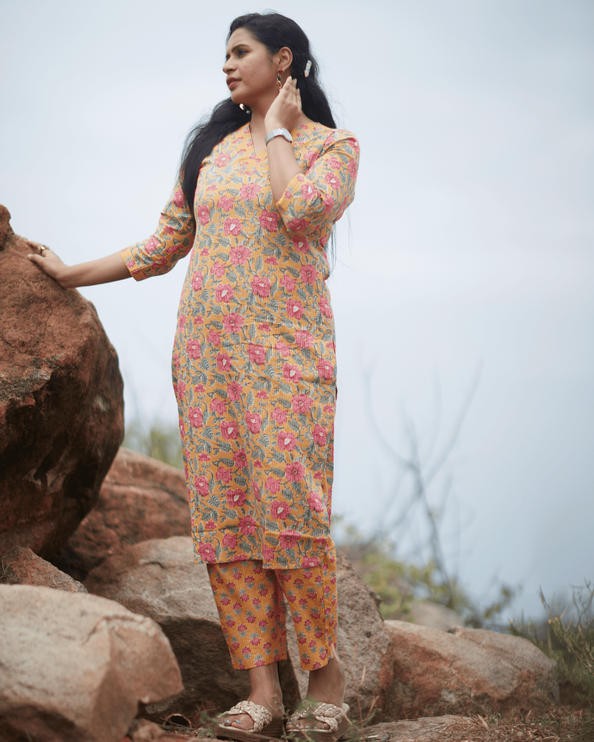 Yellow-Pink Floral Kurti