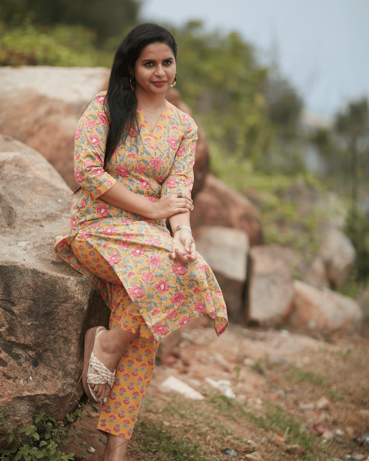Yellow-Pink Floral Kurti