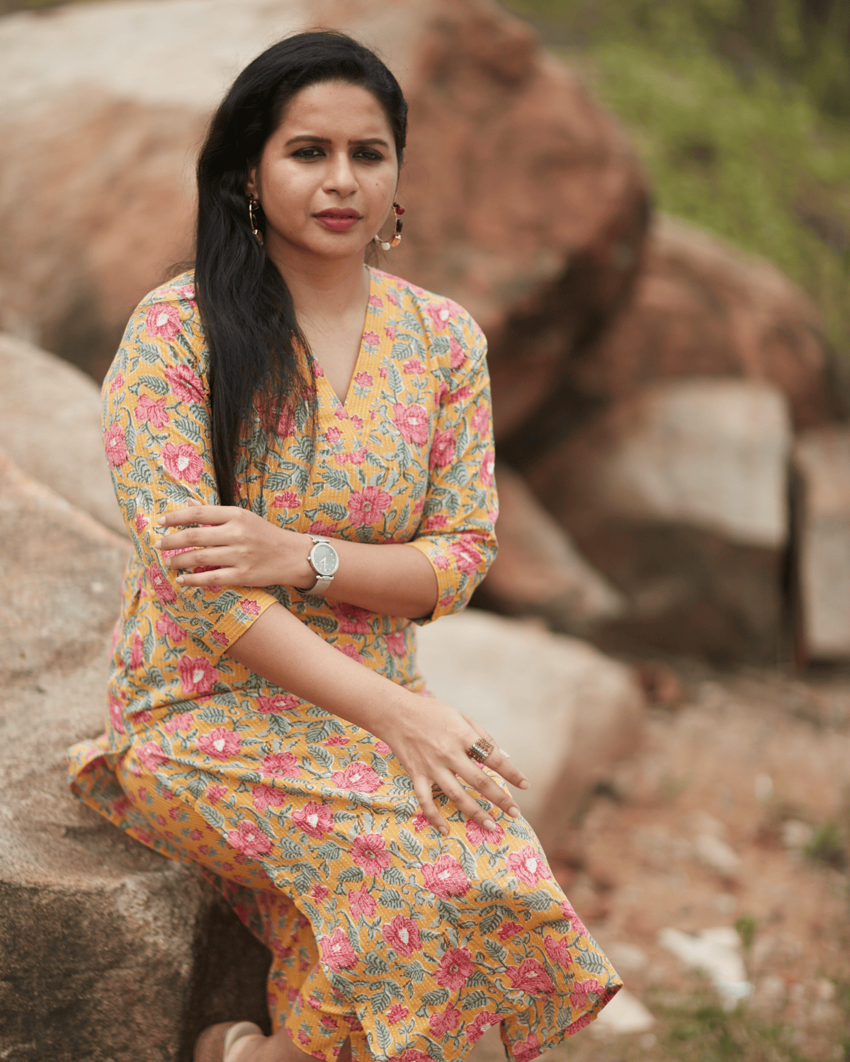 Yellow-Pink Floral Kurti