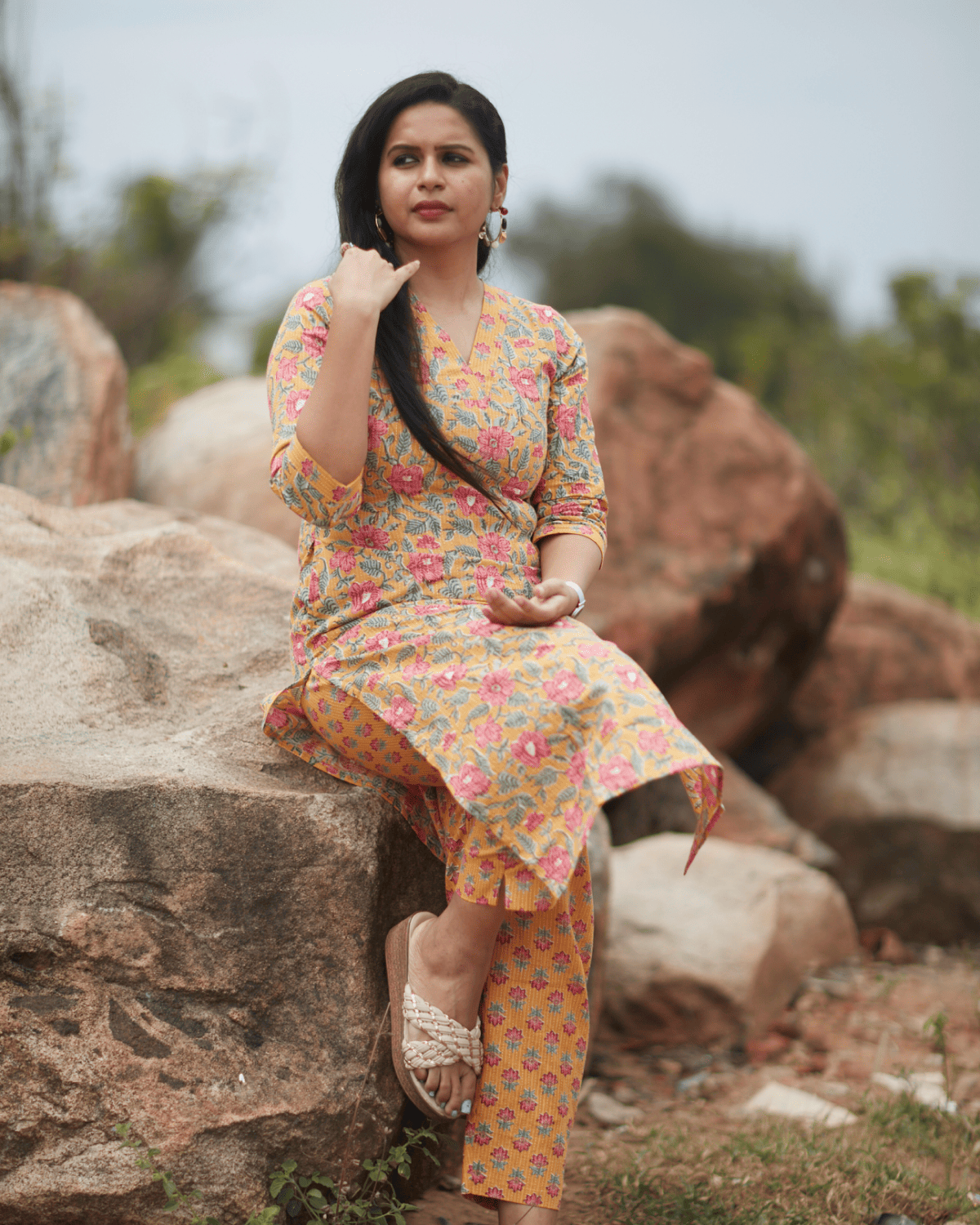 Yellow-Pink Floral Kurti