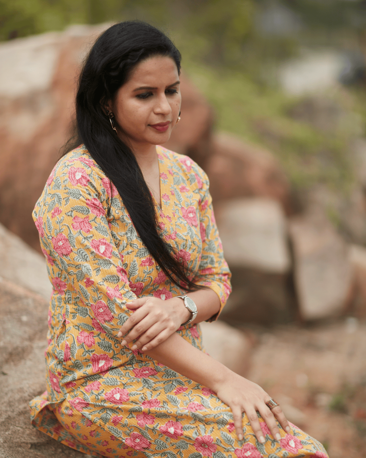 Yellow-Pink Floral Kurti
