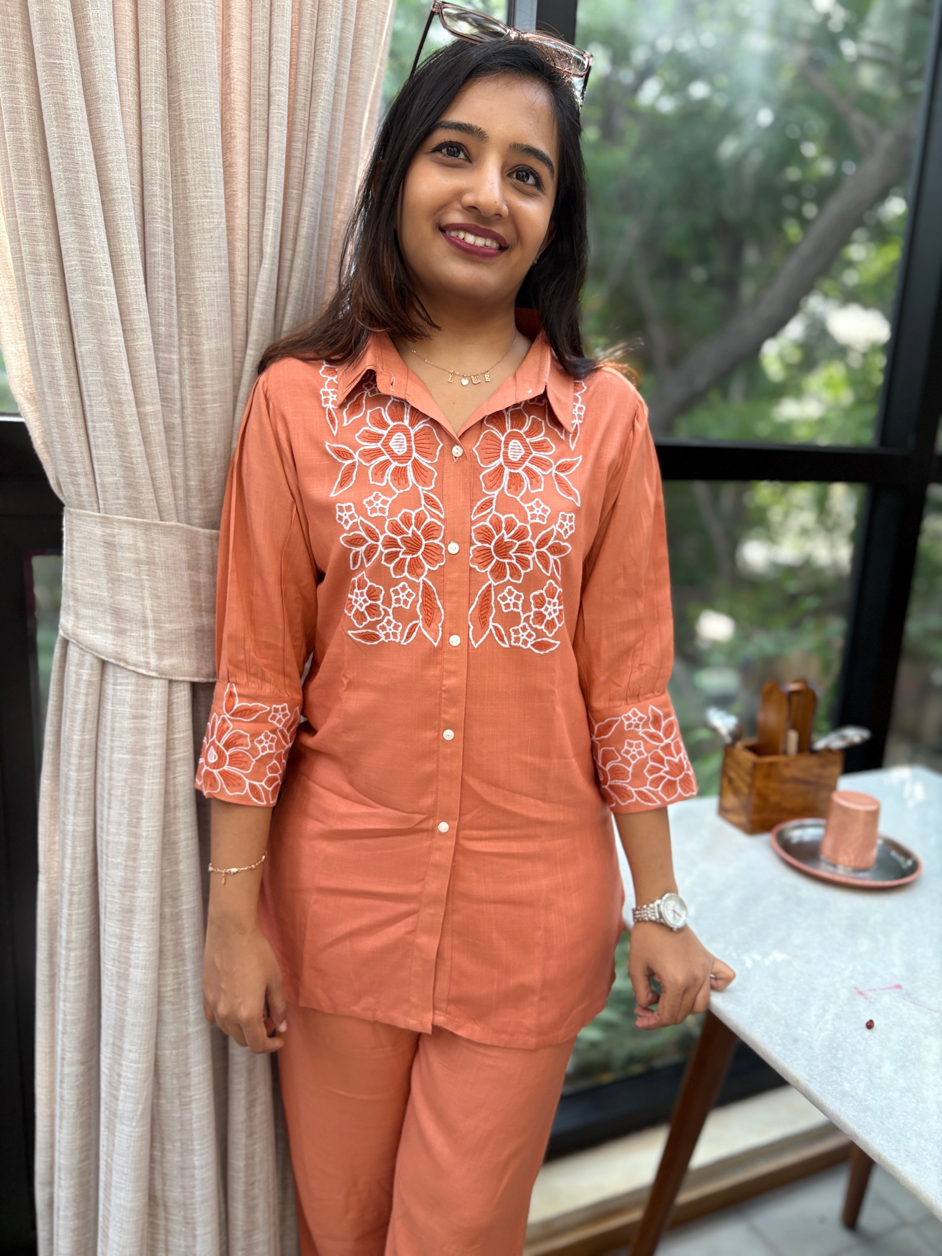 Peach-Orange Embroidered Co-ord Set